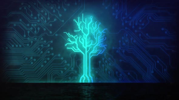 Animation of tree formed with computer processor integrated circuit board elements 