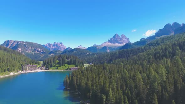 Aerial View of Misurina Lake on a Clear Summer Day Italian Dolomites