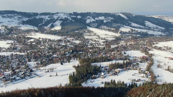 Aerial shot of Koscielisko, mountain village near Zakopane, Tatras, Poland
