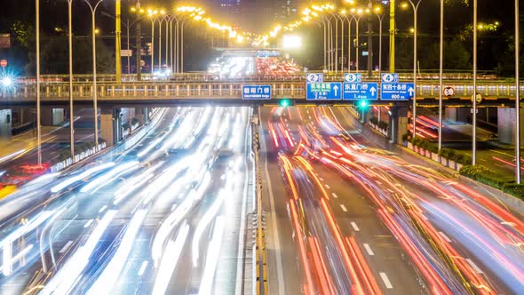 Time lapse of busy traffic and modern buildings in Beijing city , China.