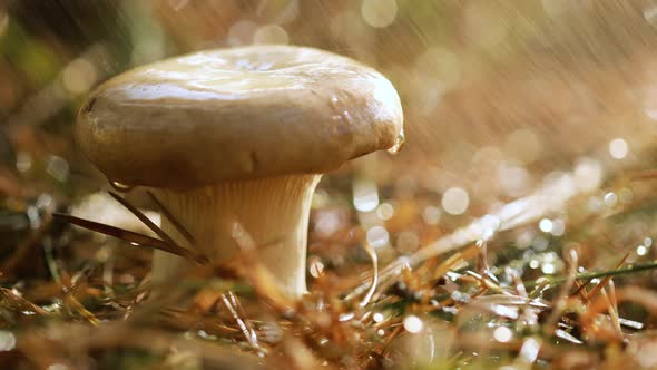Mushroom Boletus In a Sunny Forest in the Rain