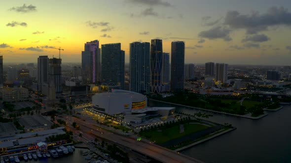 Twilight Aerial Footage Downtown Miami Fl Aa Arena And Museum Park