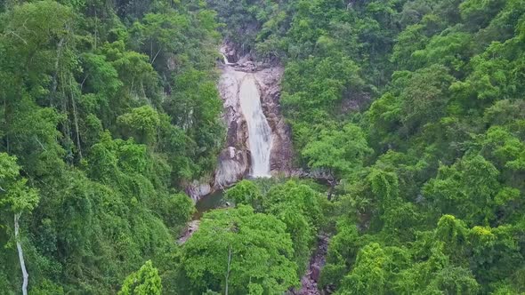 Drone View Cascade Runs Into River Hides Behind Jungle Trees