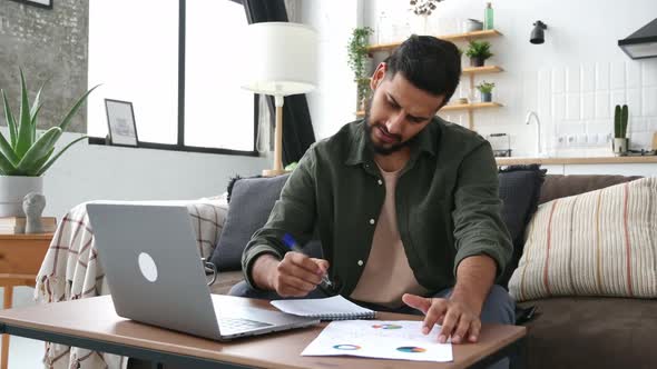 Focused Smart Indian or Arabian Guy Student or Freelancer Sitting at Home on Sofa in Living Room