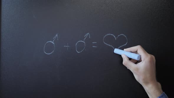 Drawing men symbols with blue chalk on chalkboard. Concept for equality of men