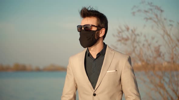 Businessman In Protective Mask Protection Epidemic Coronavirus. Health And Safety Concept. COVID-19