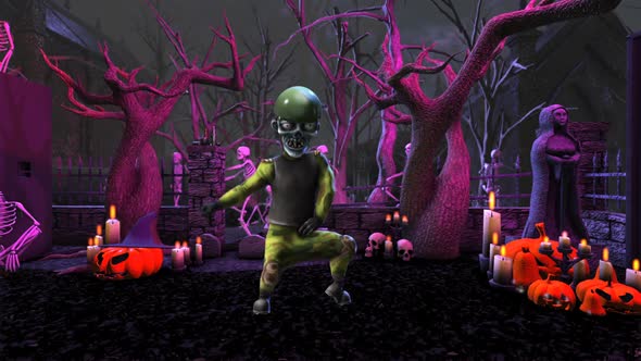 Soldier zombie dancing thriller in a graveyard