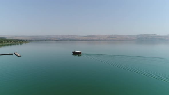 Aerial view of boat on the Sea of Galilee 