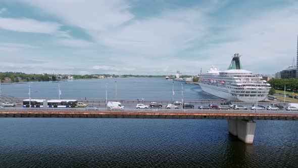 Beautiful Cruise Ship Docked in Riga Latvia Near the Old Town and the Bridge