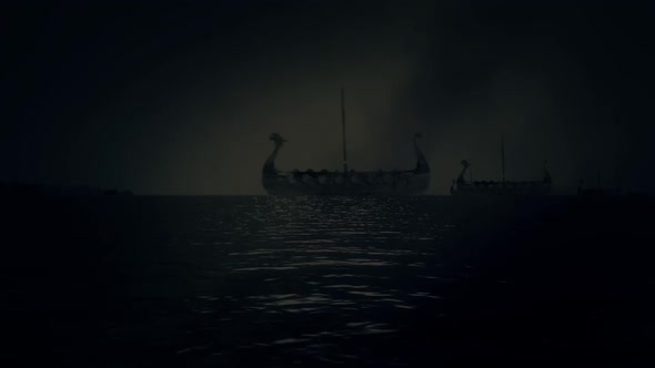 Viking Drakkar Ships Sailing in the Sea Under a Storm