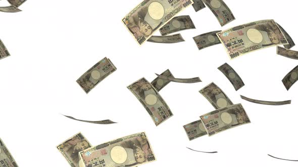 10000 Japanese Yen bills falling down. Banknotes isolated on white background.
