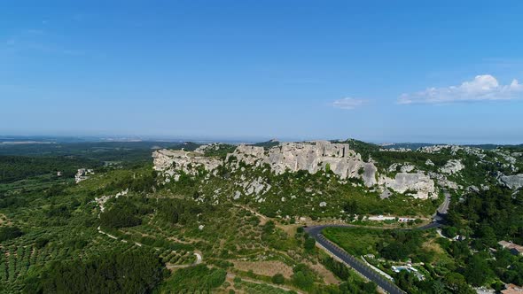 Village of Les Baux-de-Provence in Bouches-du-Rhone in France from the sky