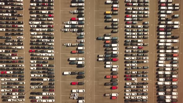 Many new and occasion Cars on a huge parking lot waiting for shipment, Aerial