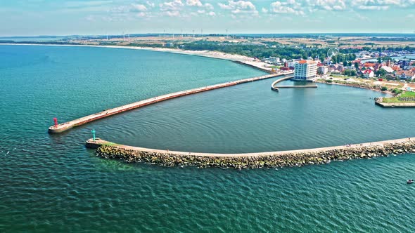 Port in Darlowek, Baltic Sea. Tourism in Poland. Aerial view