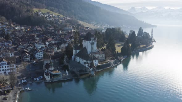 Aerial view of Oberhofen am Thunersee, Bern, Switzerland. alt