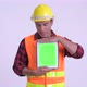 Young Happy Hispanic Man Construction Worker Talking While Showing Digital Tablet - VideoHive Item for Sale