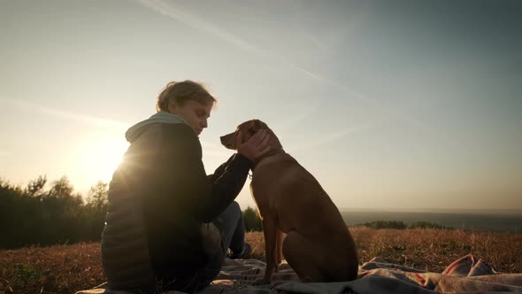 Silhouettes of Woman Sitting with a Dog During Amazing Sunset