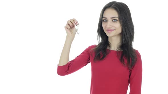 Beautiful Woman Showing Keys of House, White Background