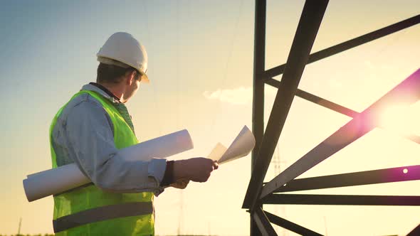 Architect Worker Checking Construction Project On Electric Tower