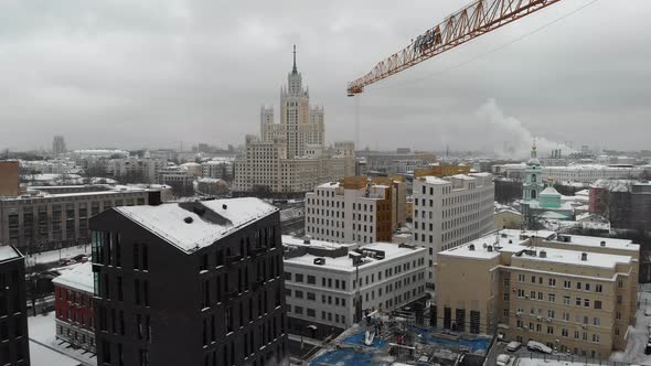 Construction of a Residential Building in the City Center Using a Tower Crane and a Concrete Pump