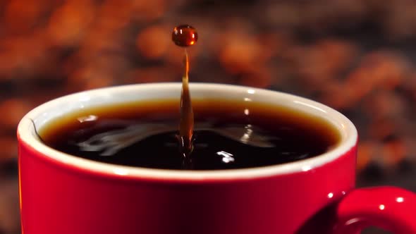 Last Drop of Coffee Falls Into the Drink. Slow Motion