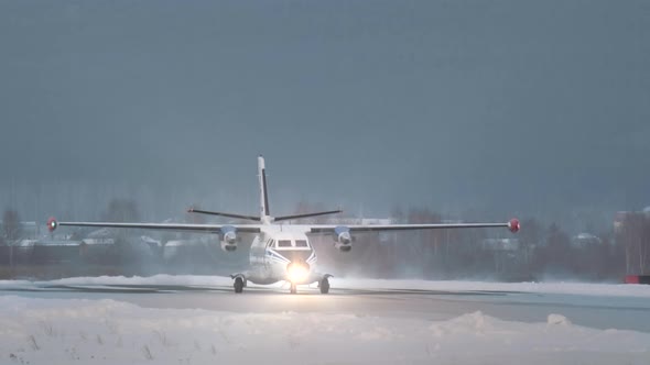 White Airplane Propellers Stands Runway Winter