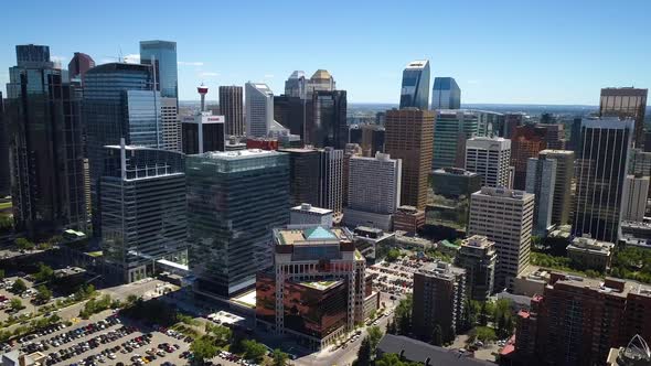 Cinematic aerial view of the beautiful Calgary skyline.