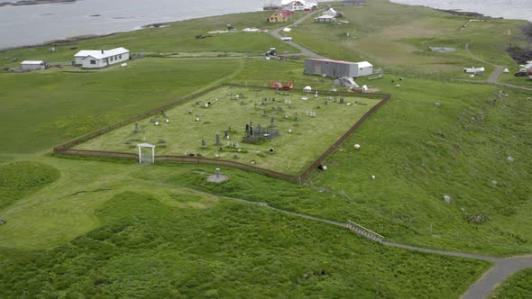 Aerial View Of Graveyards At Flatey Island, Breidafjordur Bay In Iceland. Drone