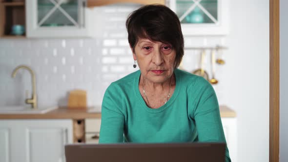 Elderly Woman Remotely Working on Laptop Old Lady is Typing on Notebook Keyboard