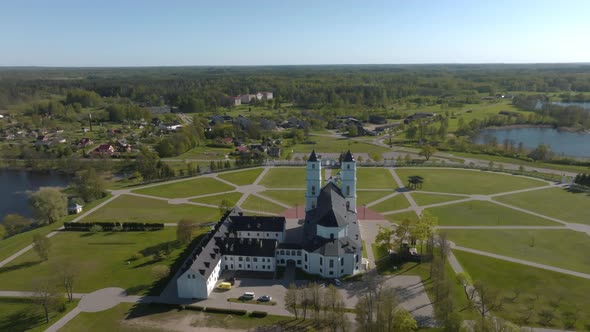 Beautiful Aerial View of the White Chatolic Church Basilica in Latvia Aglona