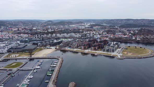 Aerial view of Kristiansand Norway with beach and river Otra - Idyllic Norwegian city with modern ar