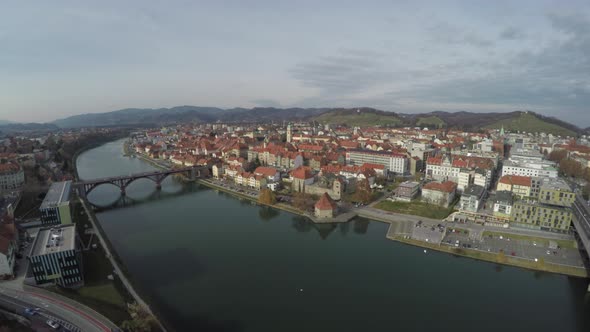 Aerial view of Drava River and Old Bridge, Maribor