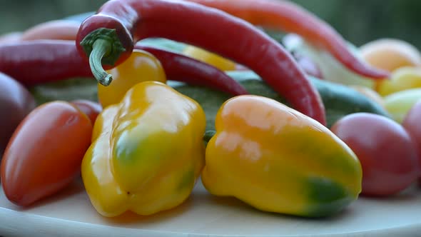 Beautiful Ripe Vegetables on a Wooden Surface the Chili Pepper Slowly Falls Into Place