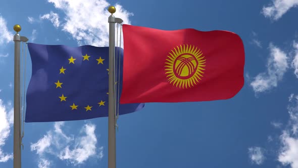 European Union Flag Vs Kyrgyzstan Flag On Flagpole