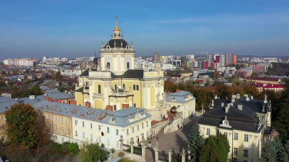 Aerial Video of Saint Yura Church in Central Part of Old City of Lviv, Ukraine