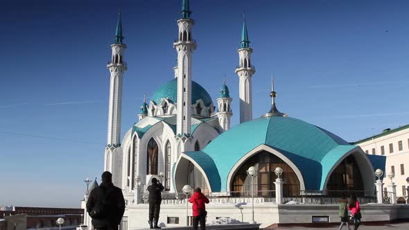 Kul Sharif mosque in the Kazan Kremlin in the rays of the setting sun. Russia.