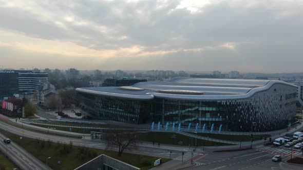 Modern Congress Center called ICE in Krakow, Poland, aerial shot
