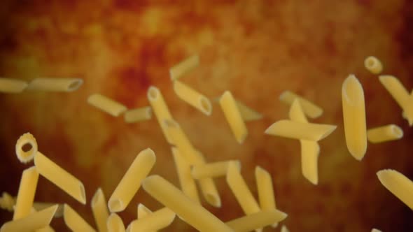 Pasta Penne is Flying Up on a Yellow Ochre Background