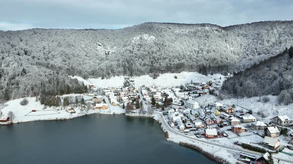 Aerial view of the Palcmanska Masa reservoir in the village of Dedinky in Slovakia