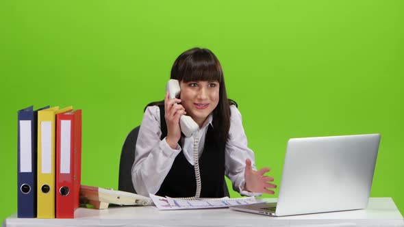 Woman Very Pleased the Work Phone Call, Rejoices. Green Screen