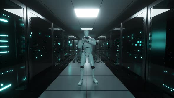 Dancing Robot in the Server Room. Data Servers Behind Glass Panels in the Server Room of the Data