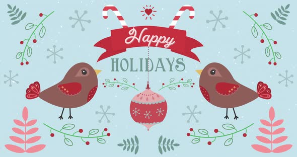 Animation of Happy Holidays words with moving birds on Christmas decorations background