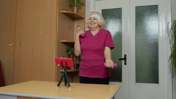 Retired Senior Woman Doing Workout Training Fitness Sport Activity Exercises During Coronavirus