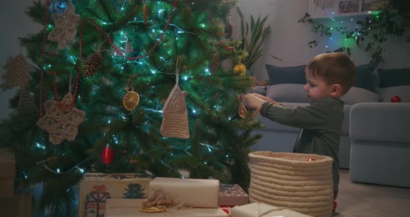 Little Boy Decorating Christmas Tree on Christmas Eve Wearing Glass Ball