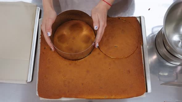 Closeup of a Pastry Chef Cuts a Round Shape From a Biscuit Dough for a Cake