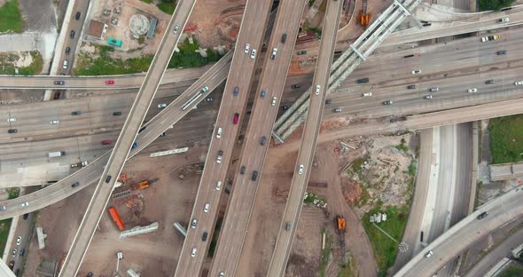 Birds eye view of traffic on 610 and 59 South freeway in Houston, Texas