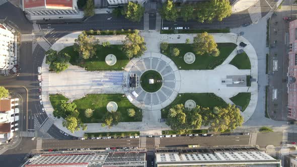 Aerial Drone top view of May Square, Buenos Aires Argentina. Flying up Plaza de Mayo, Government Hou