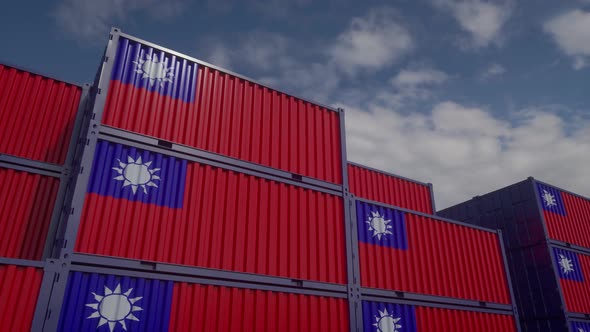 Container Terminal Full of Containers with Flag of Taiwan