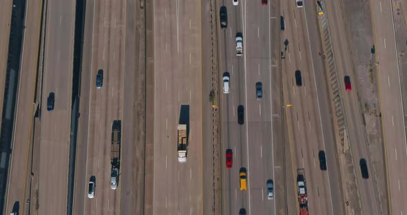 Birds eye view of traffic on 59 South and North freeway near downtown Houston. This video was filmed