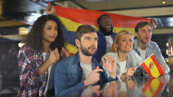 Sport Fans With Spanish Flag Enjoying Tournament, Celebrating Winning Game